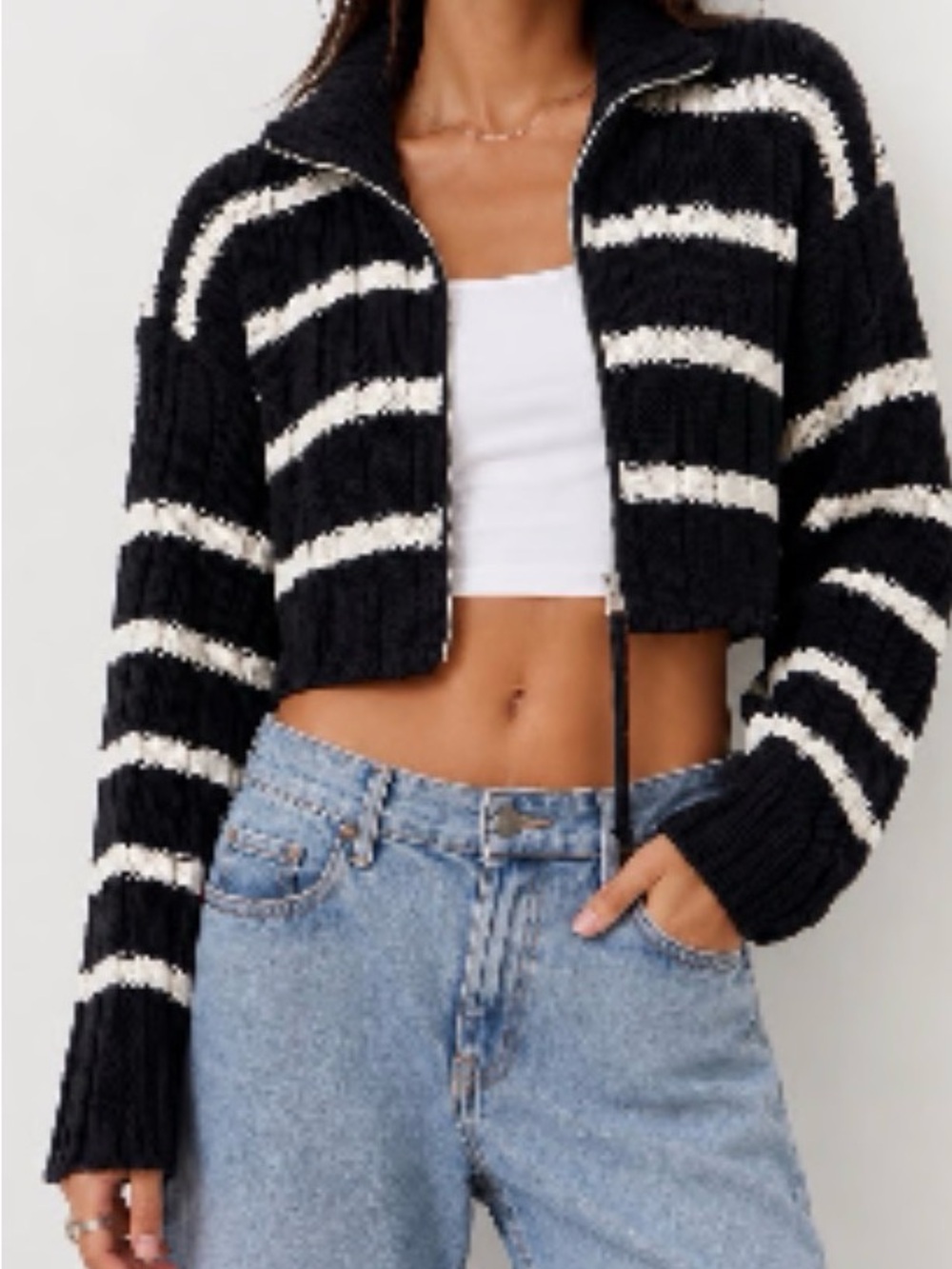 Zara Cropped Black & White Striped Zip-Front Sweater
